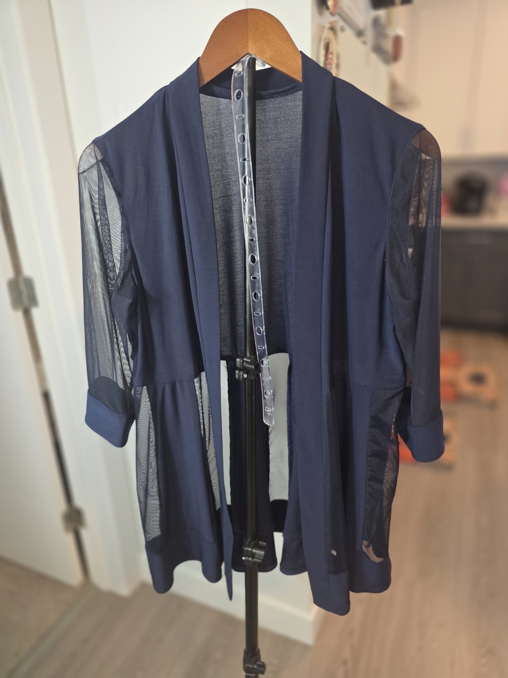 Women's Navy Open-Front Mesh Sleeve Jacket